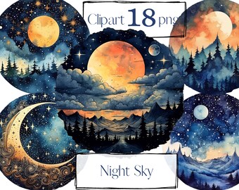 Watercolor Night Sky Clipart, Celestial Moon Stars, Scrapbooking PNG (Digital Download)
