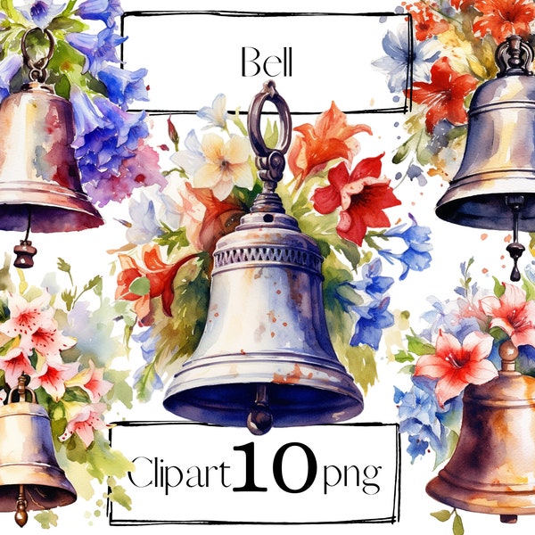 Bell clipart. Vintage clipart, retro clip art, boho. Floral bell, png. Antique keys. Scrapbooking. Digital watercolor. Free commercial use.
