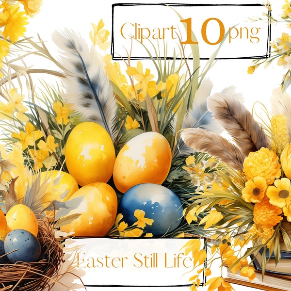 Yellow Easter clipart. Stilllife clipart. Spring clipart. Bouquet, Flowers, Books, Junk Journal PNG. Digital watercolor. Free commercial use