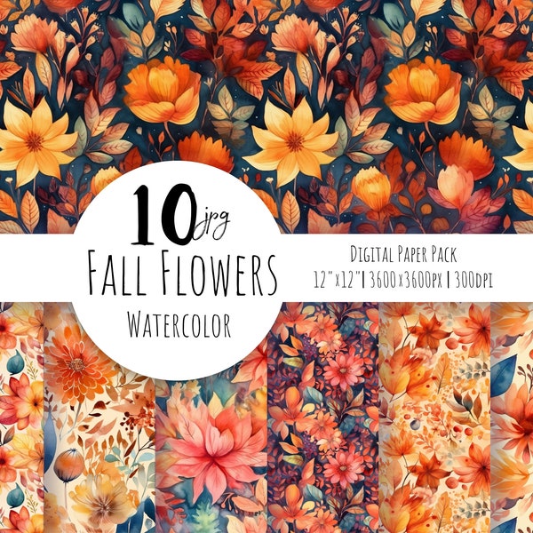 Fall flowers Digital Paper, seamless pattern, autumn. Floral clipart, greenery digital paper. Watercolor digital paper. Free commercial use