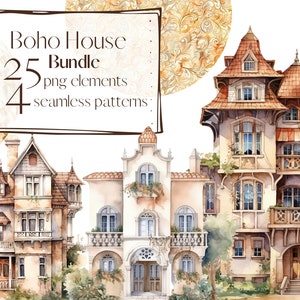 Boho house clipart, Cottage clipart, clipart vintage, fiaba png. Acquerello digitale. Uso commerciale gratuito. Illustrazione del villaggio romantico