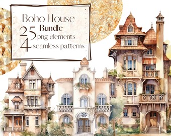 Boho house clipart, Cottage clipart, vintage clipart, fairy tale png. Digital watercolor. Free commercial use. Romantic village illustration