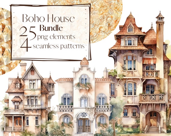 Boho house clipart, Cottage clipart, vintage clipart, fairy tale png. Digital watercolor. Free commercial use. Romantic village illustration