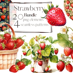 Clipart de fraise, clipart d'été, clipart de forêt, clipart de baies, png de jardin. Aquarelle numérique. Utilisation commerciale gratuite, scrapbooking.
