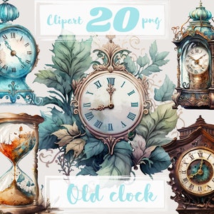 Klok clipart. Vintage clipart, retro illustraties, boho. Kijk, zandloper, png. Antiek. Scrapbooken. Digitale aquarel. Gratis commercieel gebruik.