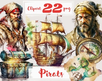 Pirate Watercolor Clipart, Nautical Sea Illustrations (PNG, 22 Files)