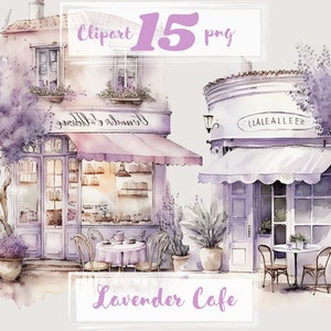 May include: A watercolor illustration of two lavender-colored cafes with purple flowers and greenery. The cafe on the left has a sign that reads "Jardin d'Allume" and the cafe on the right has a sign that reads "L'Allée". The text "Lavender Cafe" is written in purple script at the bottom of the image.