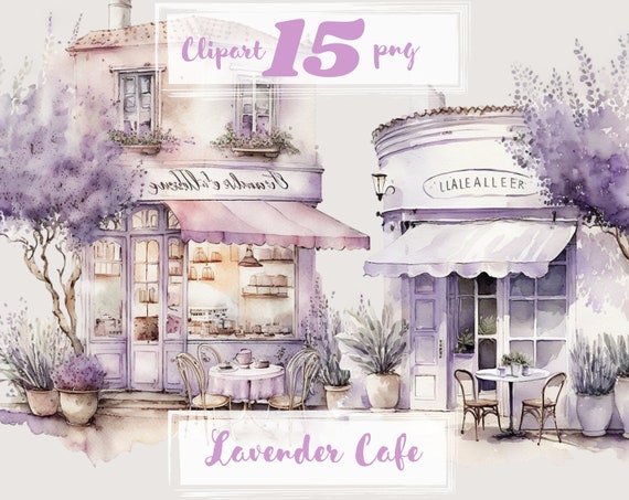 Lavender Coffee shop clipart, cafe clip art, png. Digital watercolor. Free commercial use, scrapbooking. Romantic french cafe illustration.