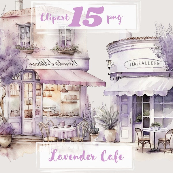 Imágenes Prediseñadas de cafetería lavanda, imágenes prediseñadas de café, png. Acuarela digital. Libre uso comercial, scrapbooking. Ilustración de café francés romántico.