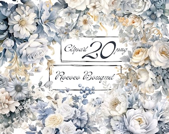 Ramos florales en acuarela gris, estilo rococó (descarga digital PNG)