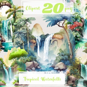 Tropical Waterfall clipart, tropical clip art, png. Digital watercolor. Free commercial use. Summer mountains landscape. Trees Backgrounds.