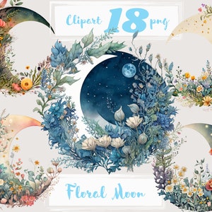 Floral Moon Clipart, Moon clip art, Flowers and Moon, vintage clip art, Celestial Clipart, PNG Digital aquarel Gratis commercieel gebruik