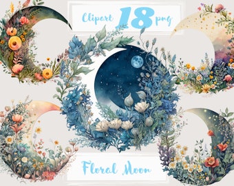 Floral Moon Watercolor Clipart, Celestial PNG Set (Digital Download)