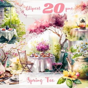 Spring Tea Time Clipart, Garten Picknick Clip Art, png. Digitales Aquarell. Kostenlose kommerzielle Nutzung. Scrapbooking, Outdoor, Blumen, Vögel, Sonne.