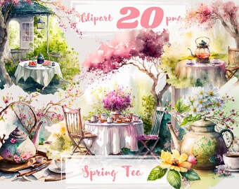 Spring Tea Time clipart, garden picnic clip art, png. Digital watercolor. Free commercial use. Scrapbooking, Outdoor, Flowers, Birds, Sun.
