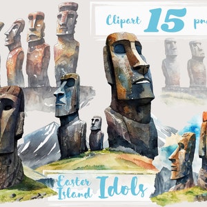 Clipart degli idoli dell'isola di Pasqua, megalite, menhir, statue, antica civiltà, clipart etnica, png. Acquerello digitale. Uso commerciale gratuito.