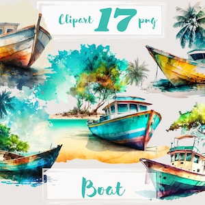 Boot Clipart. Tropische Insel Clipart. Meer Clipart, Malediven, PNG. Strand, Sommer, Urlaub, Resort. Digitales Aquarell. Kostenlose kommerzielle Nutzung.