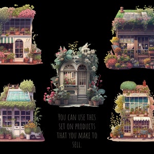 May include: Five illustrated storefront buildings with green roofs and windows, each with a variety of flowers and plants growing on the exterior. The text "YOU CAN USE THIS SET ON PRODUCTS THAT YOU MAKE TO SELL." is at the bottom of the image.
