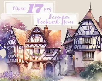 Lavender Fachwerk house clipart, Cottage clipart, fairy tale, png. Digital watercolor. Free commercial use. Romantic village illustration.