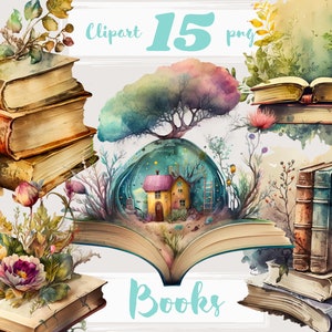 Book clipart, books bundle, reading clipart, library clipart, old books. Retro scrapbooking. Digital watercolor. png. Free commercial use.