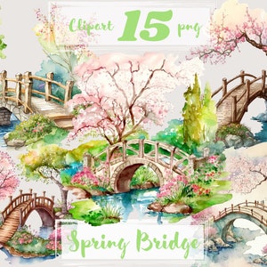 Spring Bridge Clipart, tuinclipart, png. Digitale aquarel. Gratis commercieel gebruik, scrapbooking. Lente, zomer bloemen illustratie.