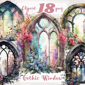 Gotische venster clipart, Kerk Windows Clip art, png. Digitale aquarel. Gratis commercieel gebruik, scrapbooking. Bloemen illustratie.