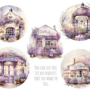 May include: Five watercolor illustrations of lavender-themed shops with purple and white accents. The shops are named "Calanlle", "Calla Lilea", "Caaha Jacac", "Aavreee", and "Lavande Soiree".