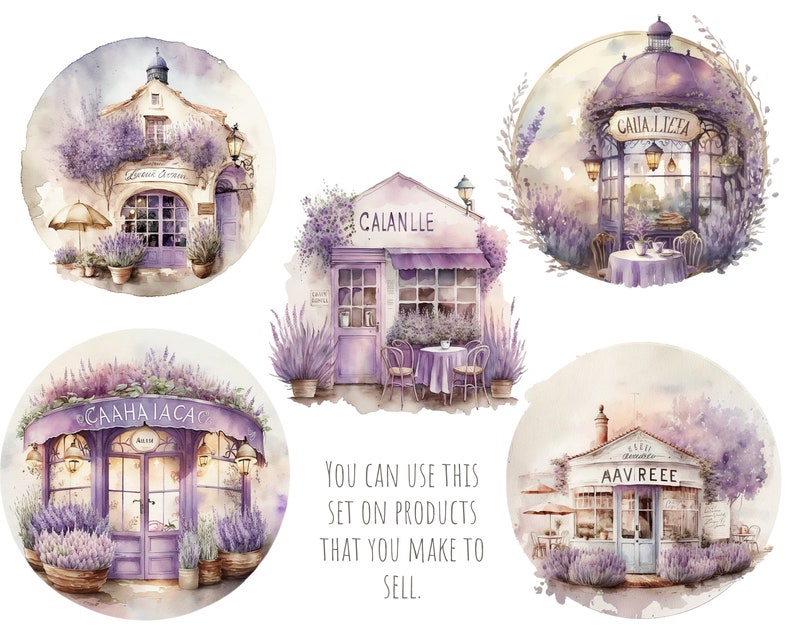 May include: Five watercolor illustrations of lavender-themed shops with purple and white accents. The shops are named "Calanlle", "Calla Lilea", "Caaha Jacac", "Aavreee", and "Lavande Soiree".