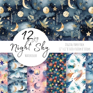 Star Digital Paper, naadloos patroon, luchtpatroon. Maan clipart, nacht digitaal papier. Aquarel digitaal papier Gratis commercieel gebruik