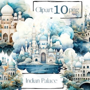 Imágenes prediseñadas indias, imágenes prediseñadas del palacio oriental, imágenes prediseñadas de la ciudad árabe, png. Artesanía en papel, Acuarela digital. Uso comercial gratuito, scrapbooking.