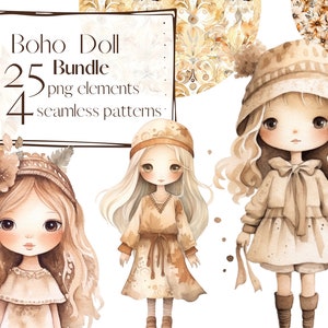 Boho Doll clipart, clipart de berçário, aniversário de menina, criança, clipart de brinquedos, png, uso comercial. Aquarela digital. Álbum de recortes, diário indesejado