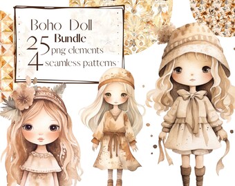 Boho Doll clipart, nursery clipart, girl's birthday,  Kid, toys clipart, png, commercial use. Digital watercolor. Scrapbook, Junk Journal
