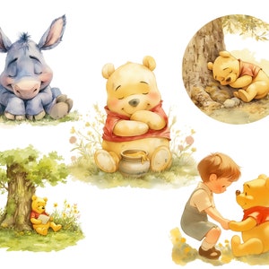 May include: A set of five watercolor illustrations featuring Winnie the Pooh and his friends. The illustrations include Winnie the Pooh holding a pot of honey, Winnie the Pooh sleeping under a tree, Winnie the Pooh reading a book under a tree, Eeyore the donkey sitting with his head down, and Winnie the Pooh and Piglet holding hands.