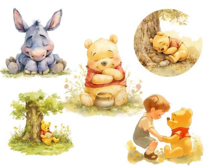 May include: A set of five watercolor illustrations featuring Winnie the Pooh and his friends. The illustrations include Winnie the Pooh holding a pot of honey, Winnie the Pooh sleeping under a tree, Winnie the Pooh reading a book under a tree, Eeyore the donkey sitting with his head down, and Winnie the Pooh and Piglet holding hands.
