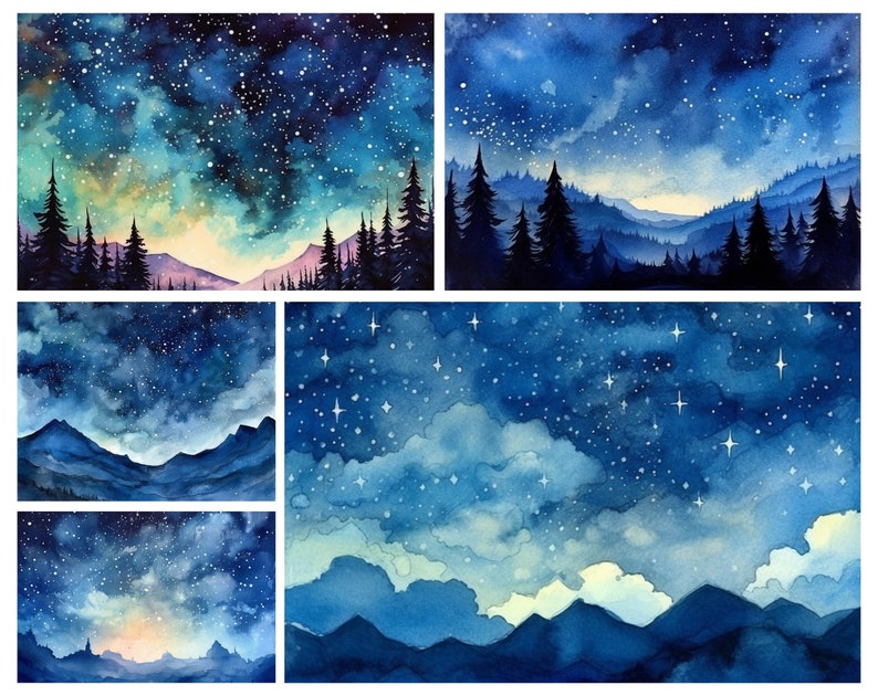 Night Sky Digital Paper, Watercolor Star Backgrounds (PNG, 5x5) - Etsy