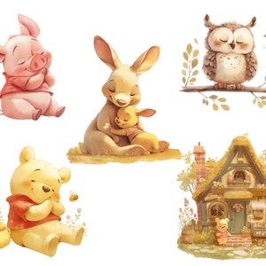 May include: A set of six illustrations featuring Winnie the Pooh characters. The illustrations include Piglet, Rabbit, Owl, Winnie the Pooh, and a house with a sign that reads "Welcome".