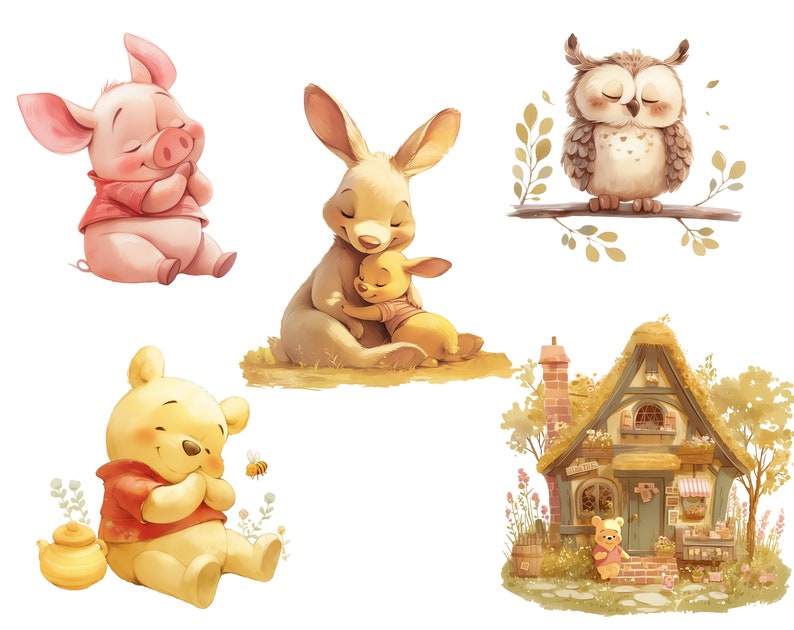 May include: A set of six illustrations featuring Winnie the Pooh characters. The illustrations include Piglet, Rabbit, Owl, Winnie the Pooh, and a house with a sign that reads "Welcome".