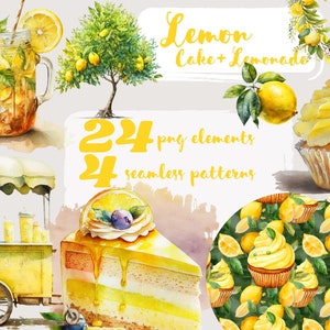 Lemon clipart, lemon cake, lemonade clipart, png. Digital watercolor. Free commercial use. Scrapbooking, citrus, fruits, summer cocktails.