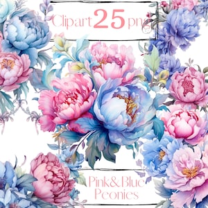 Rosa & blaue Pfingstrosen Aquarell Clipart, Sommer Blumen Clipart, Pfingstrosen Bundle, kostenlose kommerzielle Nutzung, PNG Blumen, Pfingstrose Clipart Kranz Rahmen