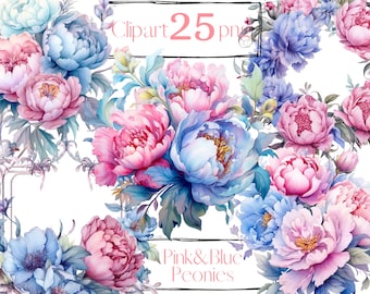 Imágenes Prediseñadas de acuarela de peonías rosas y azules, imágenes prediseñadas de flores de verano, paquete de peonías, uso comercial gratuito, flores PNG, marco de corona de imágenes prediseñadas de peonía