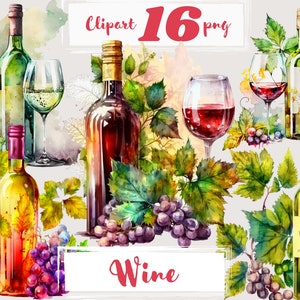 Clipart del vino dell'acquerello, pacchetto png, png. Acquerello digitale. Uso commerciale gratuito. Scrapbooking, vino estivo luminoso, invito a una festa