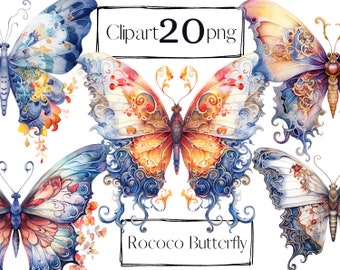 Watercolor Butterfly Clipart, Rococo Style (PNG Digital Download)
