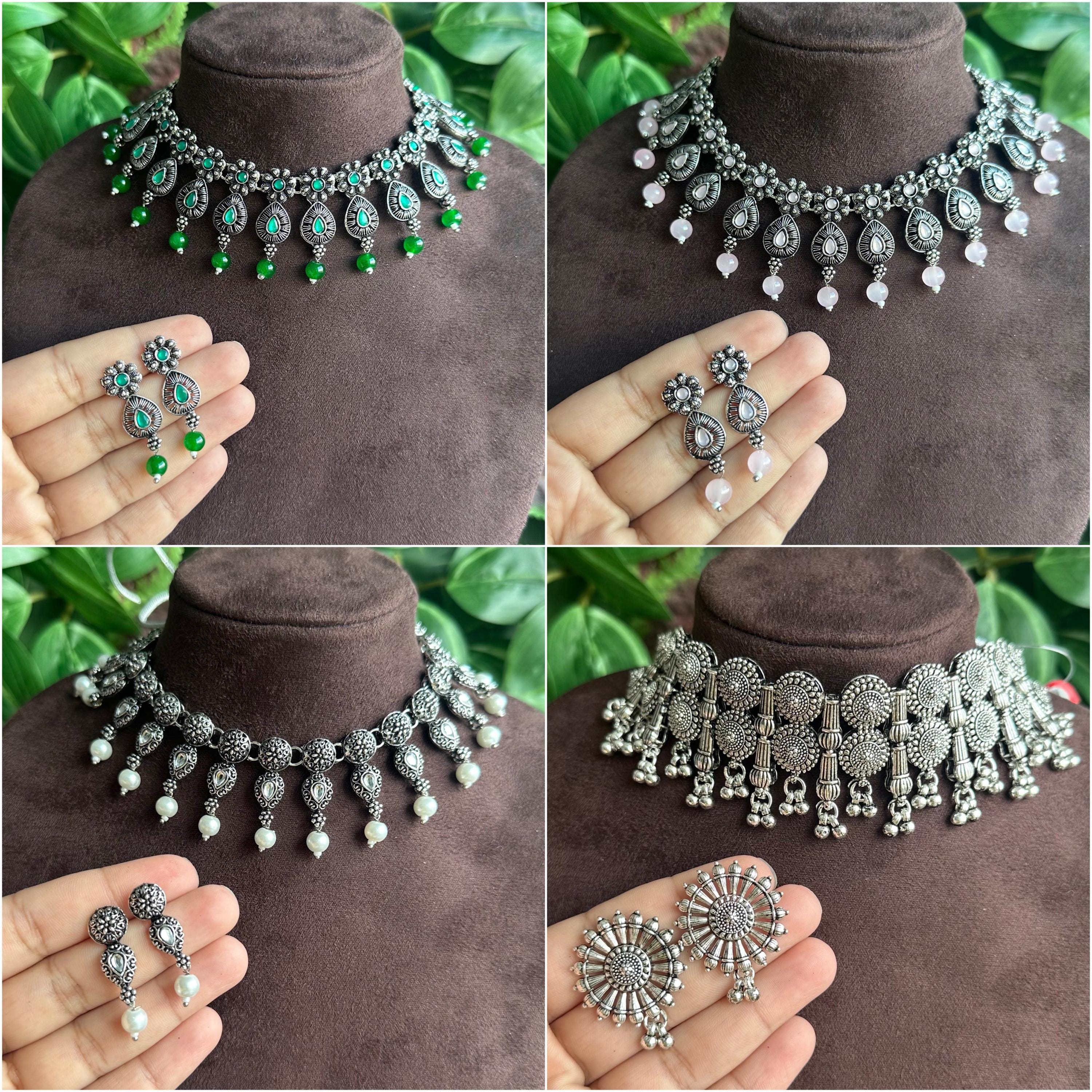 Silver Pearl Oxidised Choker Green Pink Oxidised Choker Necklace Floral Choker Oxidised Choker Choker Set Saree Wear Necklace Etsy