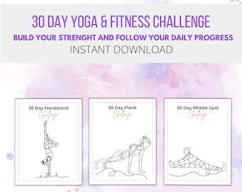 30 Day Yoga Challenge, Handstand, Plank, Split Tracker (PDF)