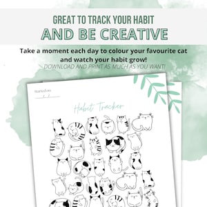 Puede incluir: Un rastreador de hábitos imprimible en blanco y negro con un diseño de gatos. El texto "Habit Tracker" está en la parte superior de la página. El texto "Started on" está en la parte superior izquierda de la página.