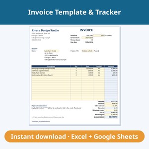 Può includere: Un modello di fattura e tracker digitale con un'intestazione blu contenente il testo Invoice Template & Tracker. Il modulo include campi per Rivera Design Studio, dettagli del cliente, informazioni sul progetto, costi dettagliati e istruzioni.