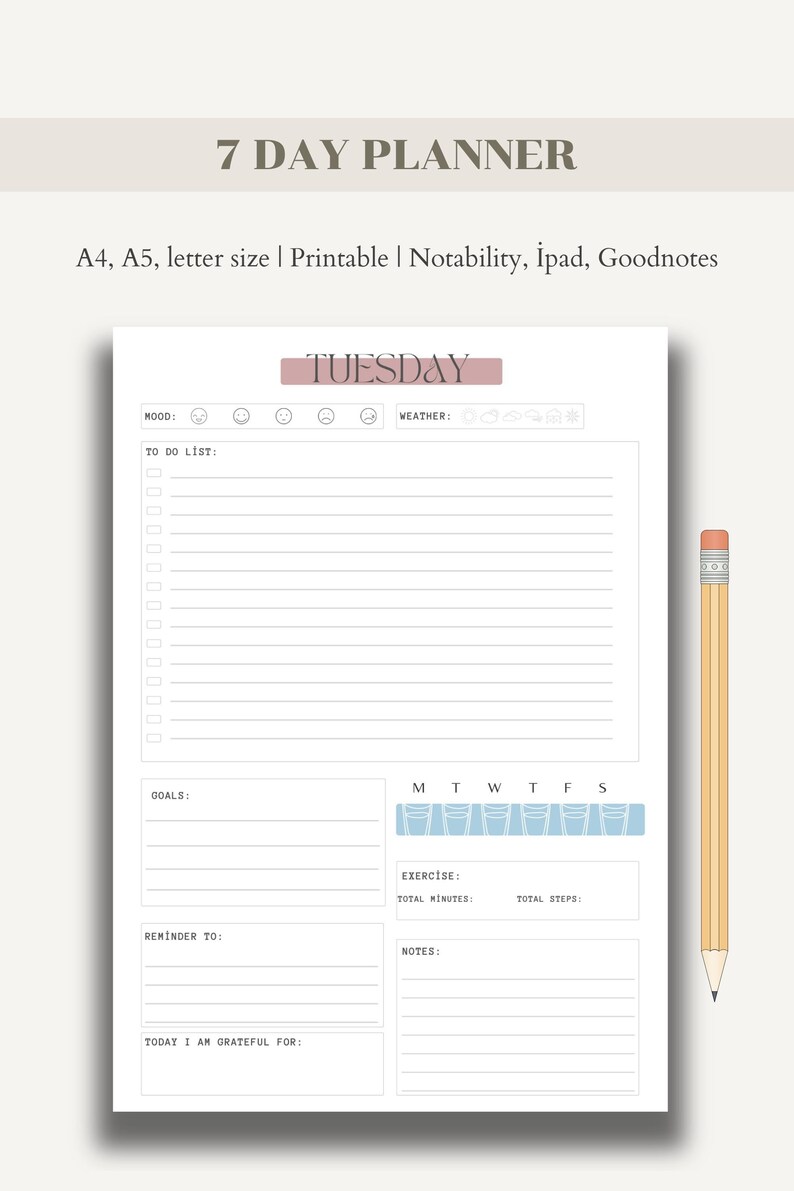 7 Day Planner Printable, Daily Planner, Weekly Planner, Daily to Do List for Work / Personal ...