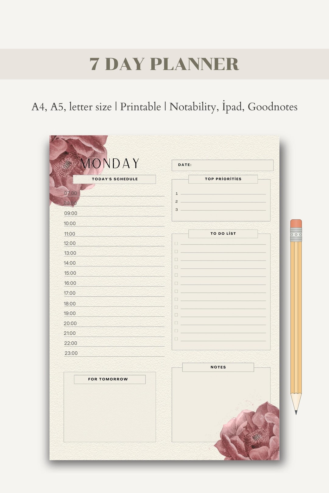 7 Day Flowers Planner Template, Daily to Do List, Productivity Planner