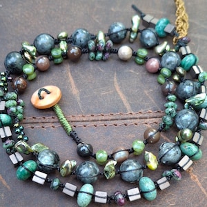 Labradorite and Ruby Zoisite Triple Wrap Bracelet | Deep Coil | Handmade Micro Macrame Jewelry