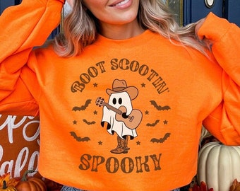 Boot Scootin&#39; Spooky Sweatshirt Cute Spooky Halloween Gift Cowboy and Cowgirl Western Style Ghostly Spooky Vibes Gifted ghost Sweatshirt